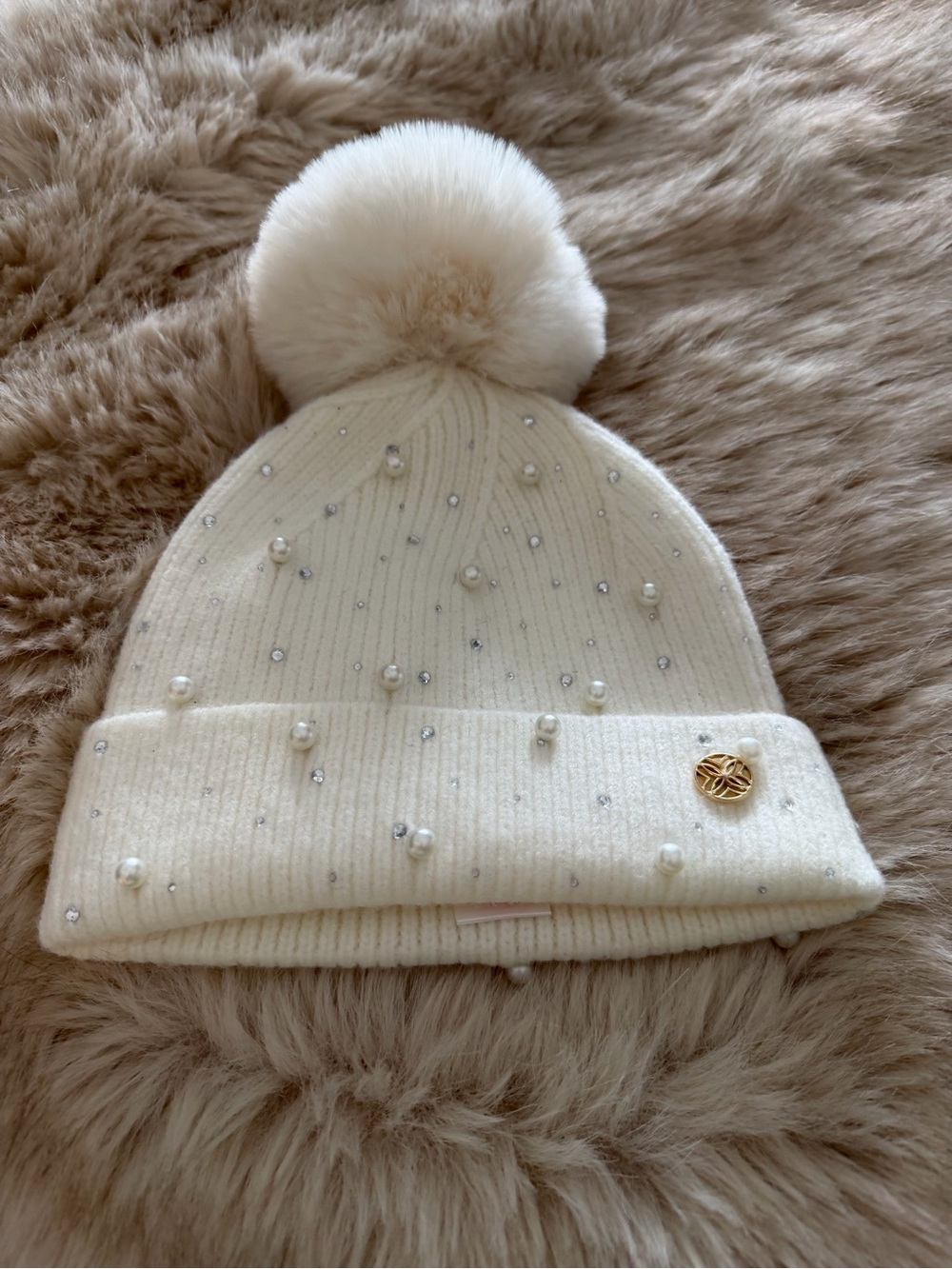 Lilly Pulitzer Ivory Pom Beanie with Pearls & Rhinestones Coconut GWP